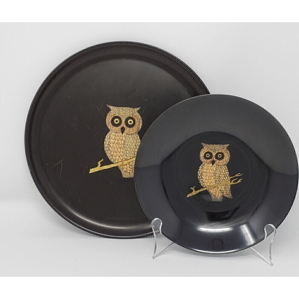 VINTAGE COUROC OF MONTEREY LOT BLACK OWL INLAY PLATE BOWL 1970s